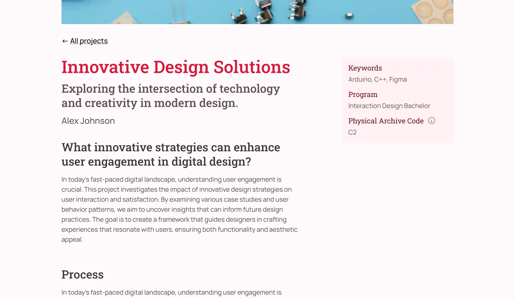 Header section of a design archive entry, showing information like title, author and a description.