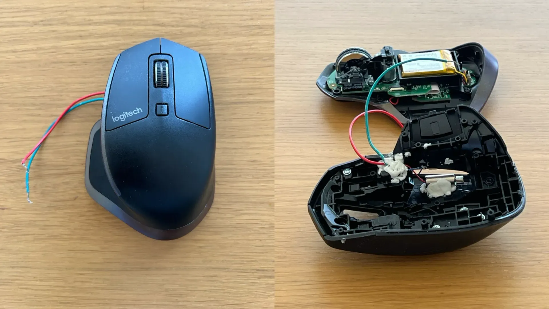 A disassembled MX Master mouse with a small vibration motor attached to the inside of the frame. The motor is attached with sticky putty and connected to an Espruino Pico.