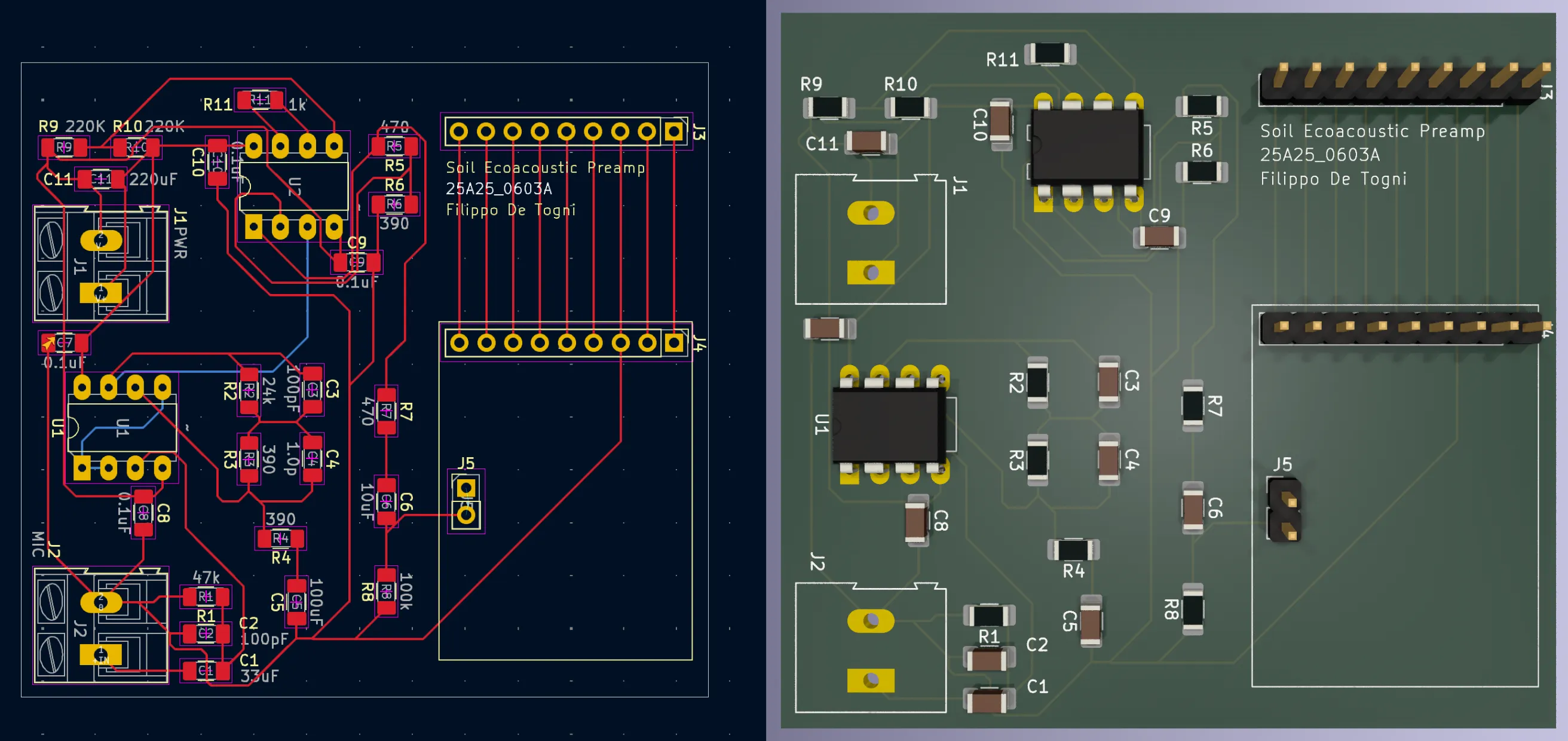 PCB design of the preamplifier circuit made with KiCad.