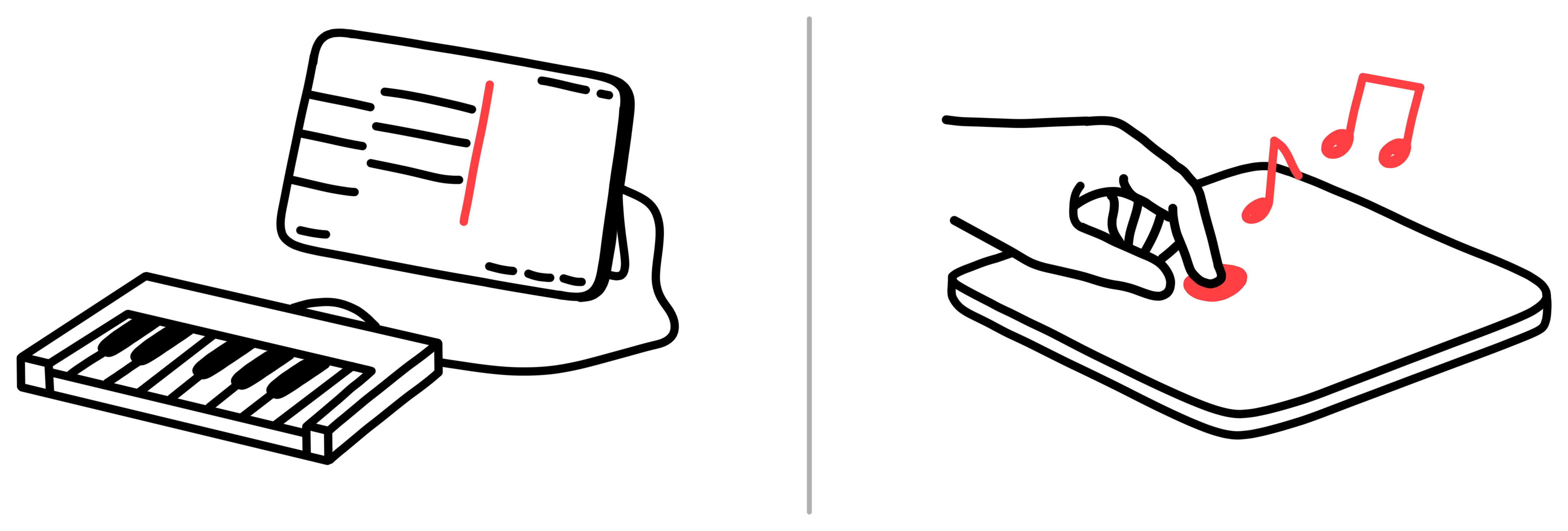 Two examples of how performance and preview can be used to support the composition process. On the left, a keyboard is used to input notes into the sketching interface. On the right, the user can perform their idea directly in the interface using touch.