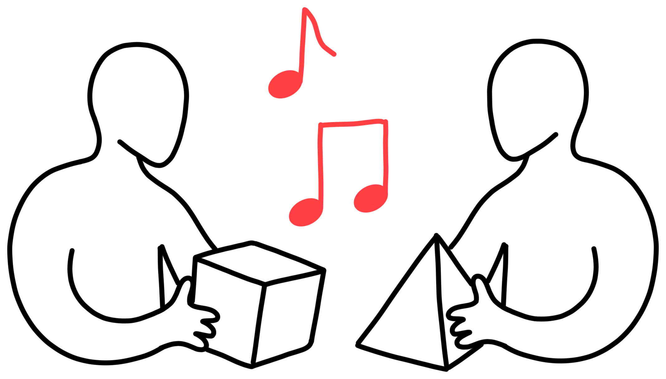 Two people holding three dimensional objects that make music.