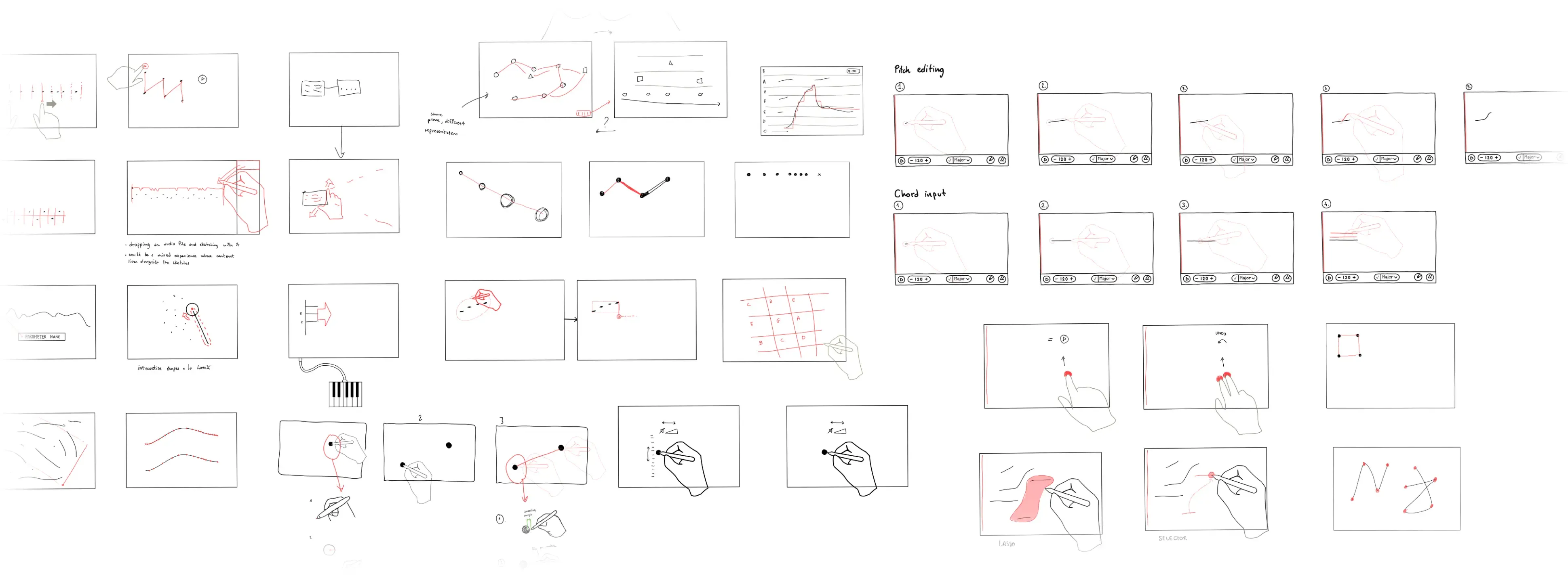 Sketches of interface for entering musical data with a stylus and touch.